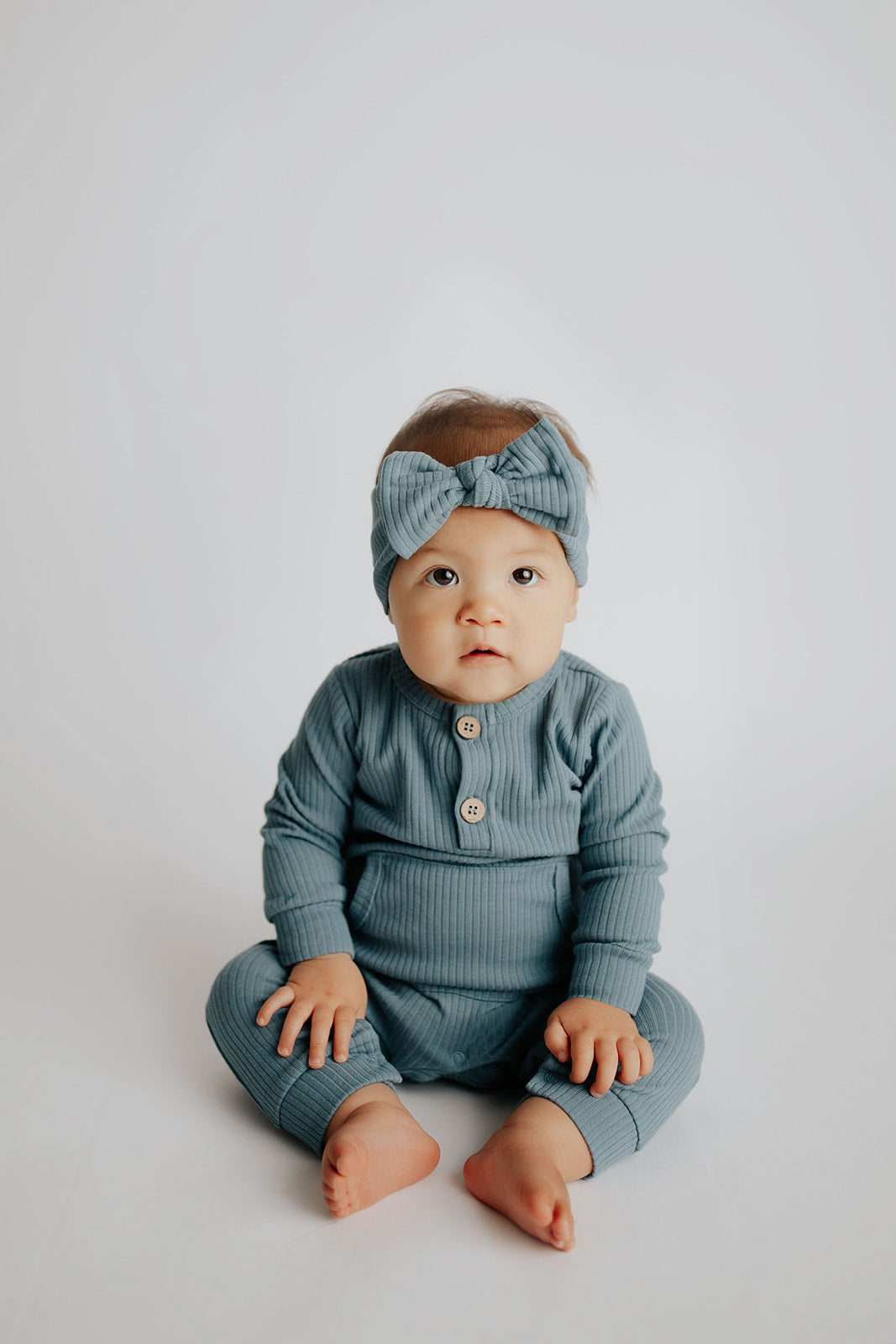 Storm Blue Baby Ribbed Playsuit with pockets