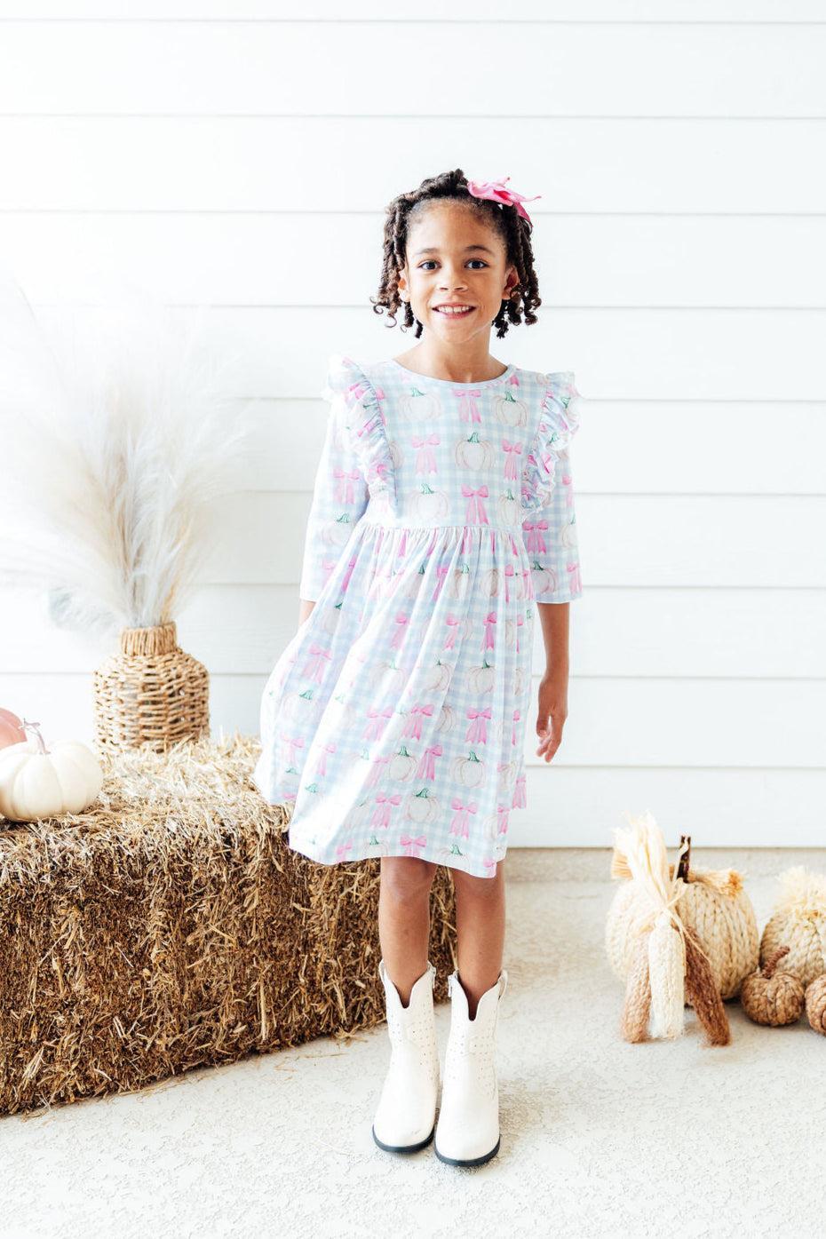 Pumpkin Picnic 3/4 Sleeve Ruffle Twirl Dress