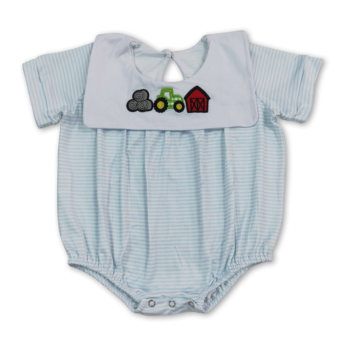 Short sleeves stripe farm tractor embroidery boy romper