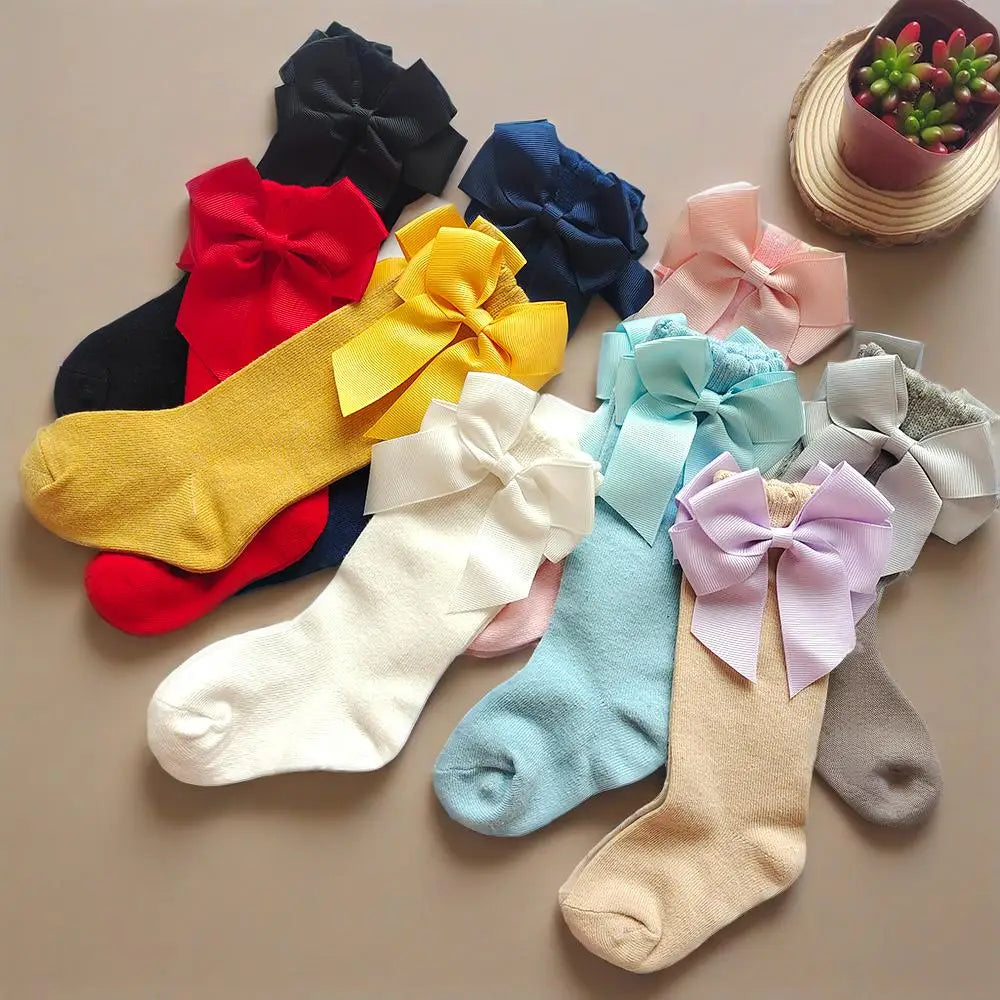 New Spring Kids Knee High Socks Baby Girls Long Sock With Bowknot Soft Cotton Solid Children Princess Socken For School