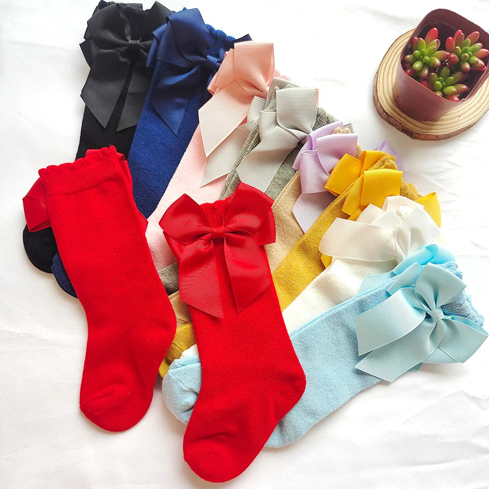 New Spring Kids Knee High Socks Baby Girls Long Sock With Bowknot Soft Cotton Solid Children Princess Socken For School