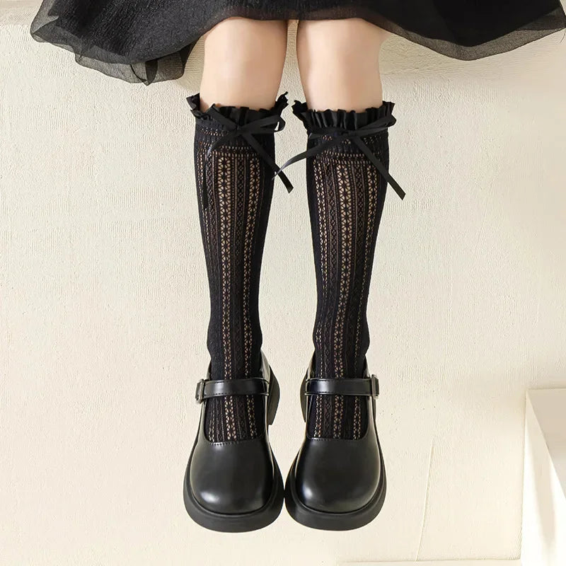 Girls Long Tube Lace Stockings Sweet Bow Jacquard Pattern Mesh Sock Baby Girl Ballet Fishing Net Frilly Socks Lolita Leggings