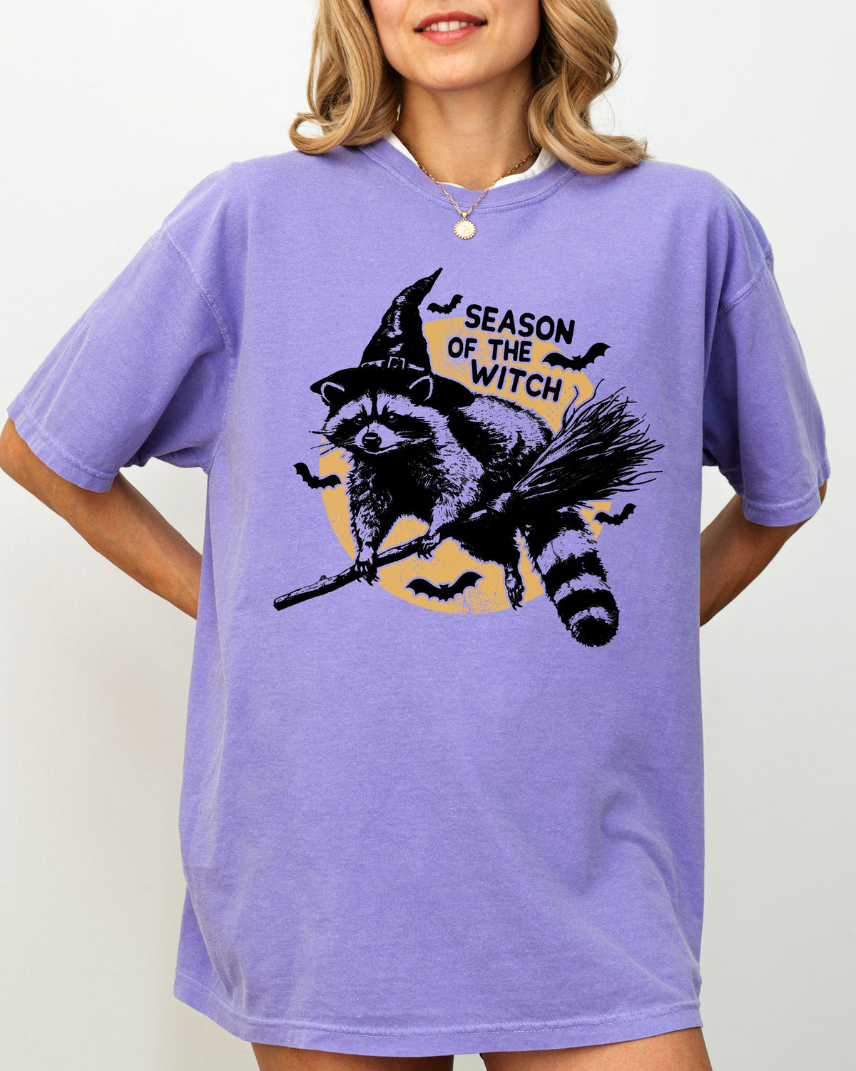 Season Of The Witch, Cute Raccoon, Halloween, Meme, Bats, Moon, Spooky, Feral Shirt Comfort Colors T-Shirt