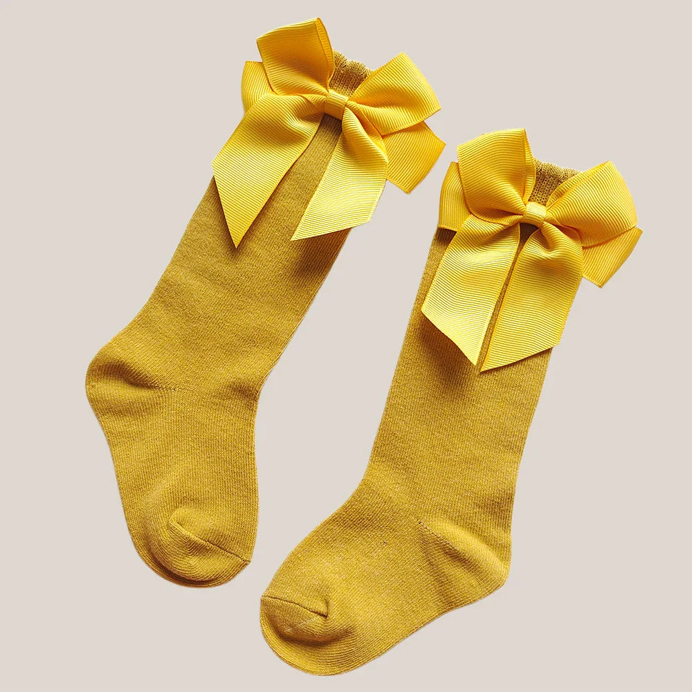 New Spring Kids Knee High Socks Baby Girls Long Sock With Bowknot Soft Cotton Solid Children Princess Socken For School