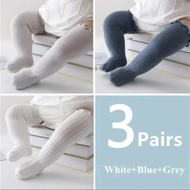 3Pairs/Lot Baby Girls Socks Lace Frilly Solid Cotton Long Knee High Kids Sock Infant Newborn Spring Children Ruffle Cute Socken