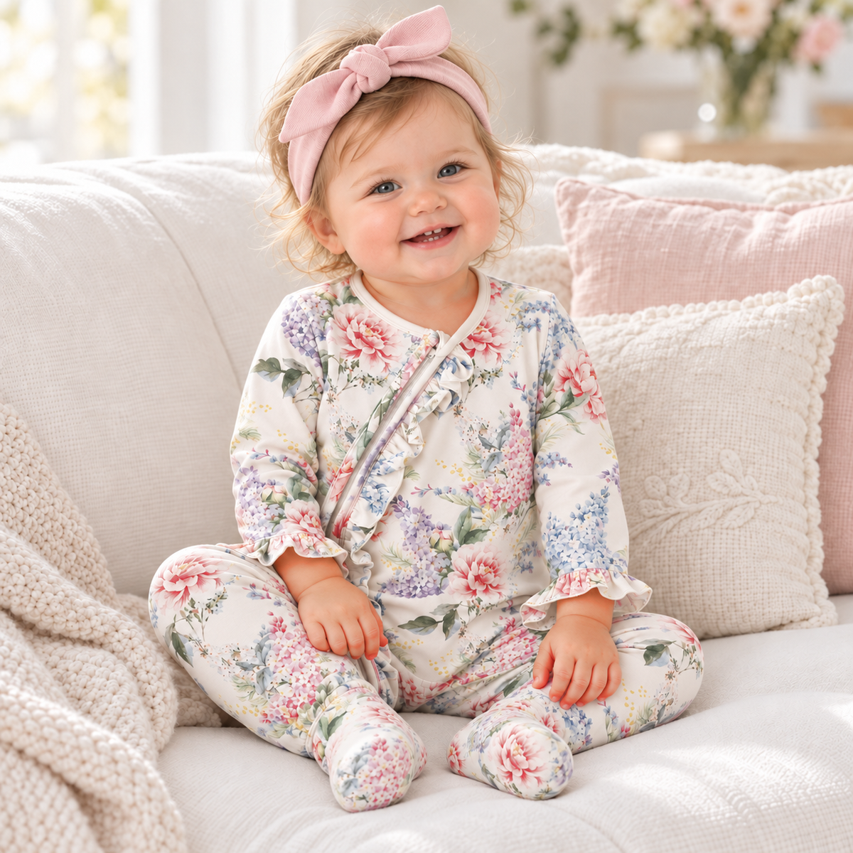 Watercolor Floral Bamboo Baby Girl Zipper Romper