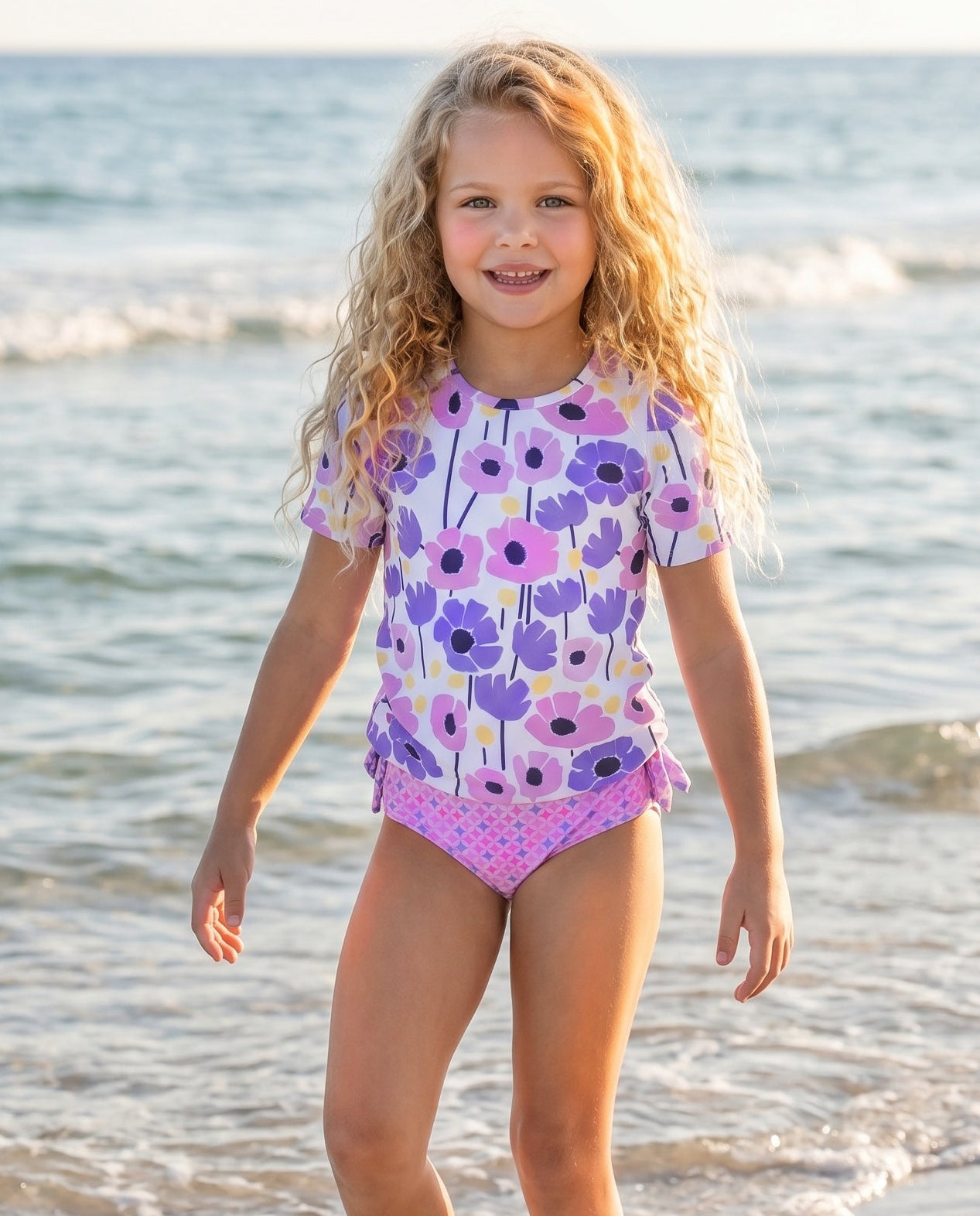 Sophie Mod Pink Purple Ruffles Rash Guard Swimsuit