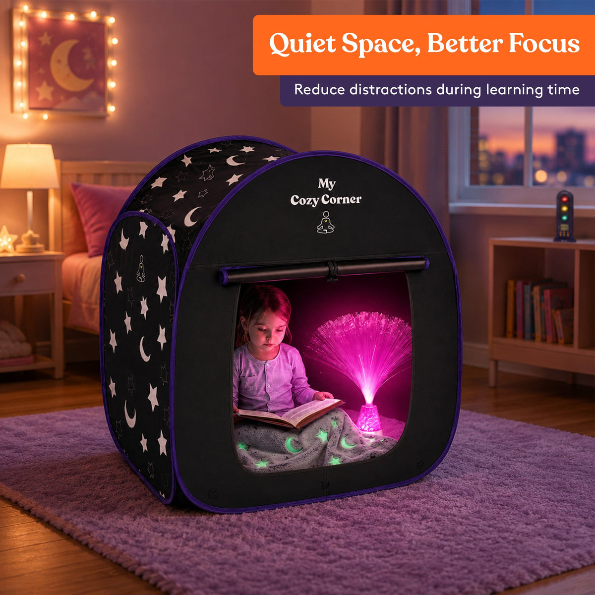 Blackout Sensory Tent for Kids, Pop Up Calming Play Room with Fiber Optic Lamp and Glow-in-The-Dark Fuzzy Blanket