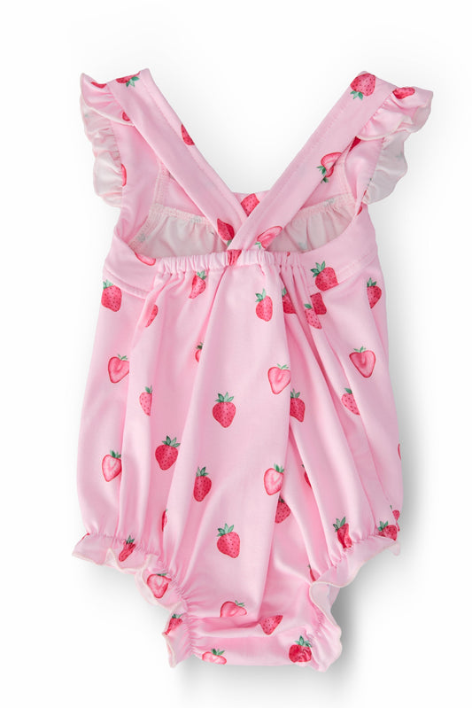 Sweet Strawberries Ruffle Cross Back Romper