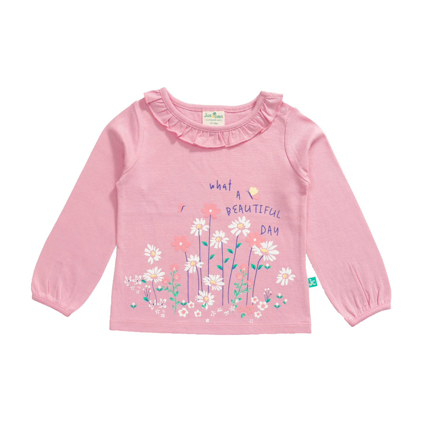 Ruffle Full-Sleeve Garden Pink T-Shirt for Toddler Girls