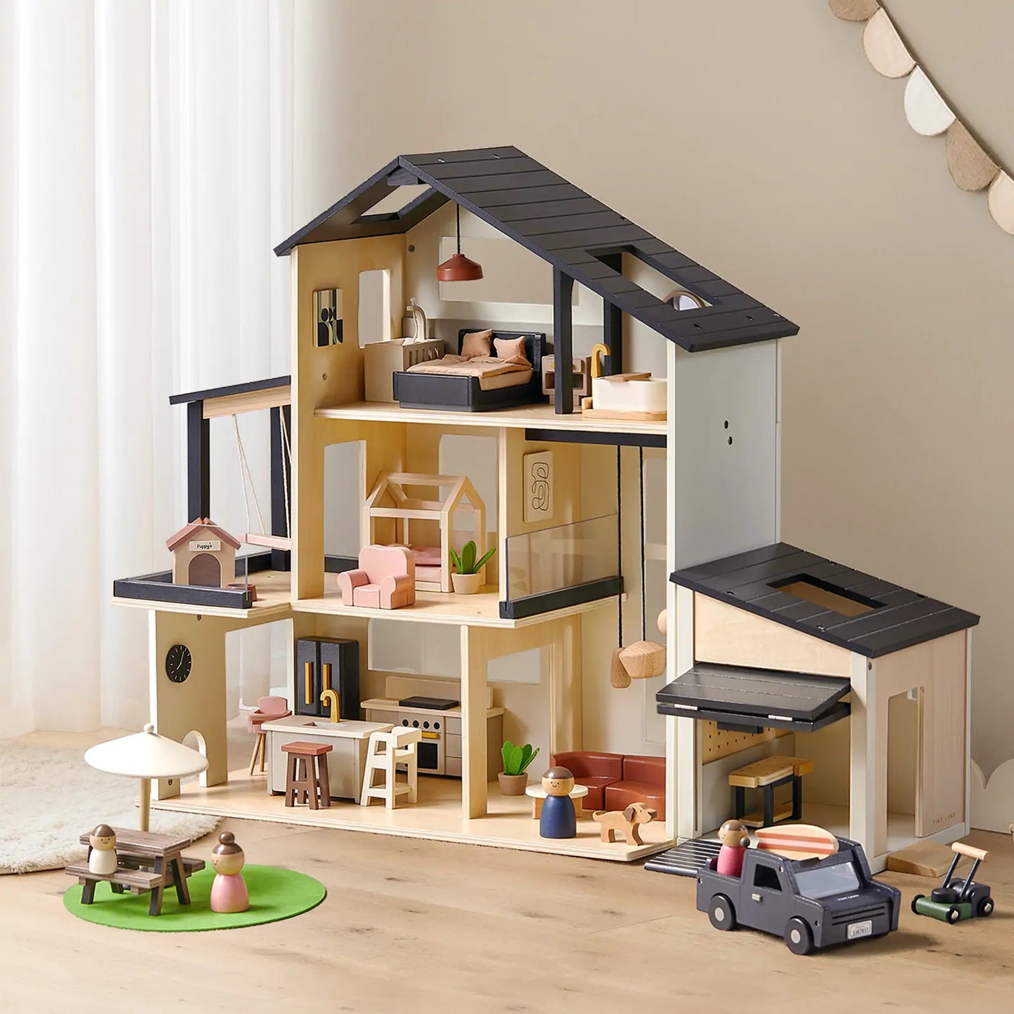 Sweet Family Gift Set: Black Dollhouse & Dollhouse Garage & Extra Dolls Set
