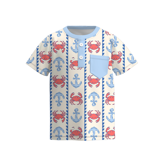 Boys 4th Of July Pocket Blue Red Crab Anchor T-Shirt