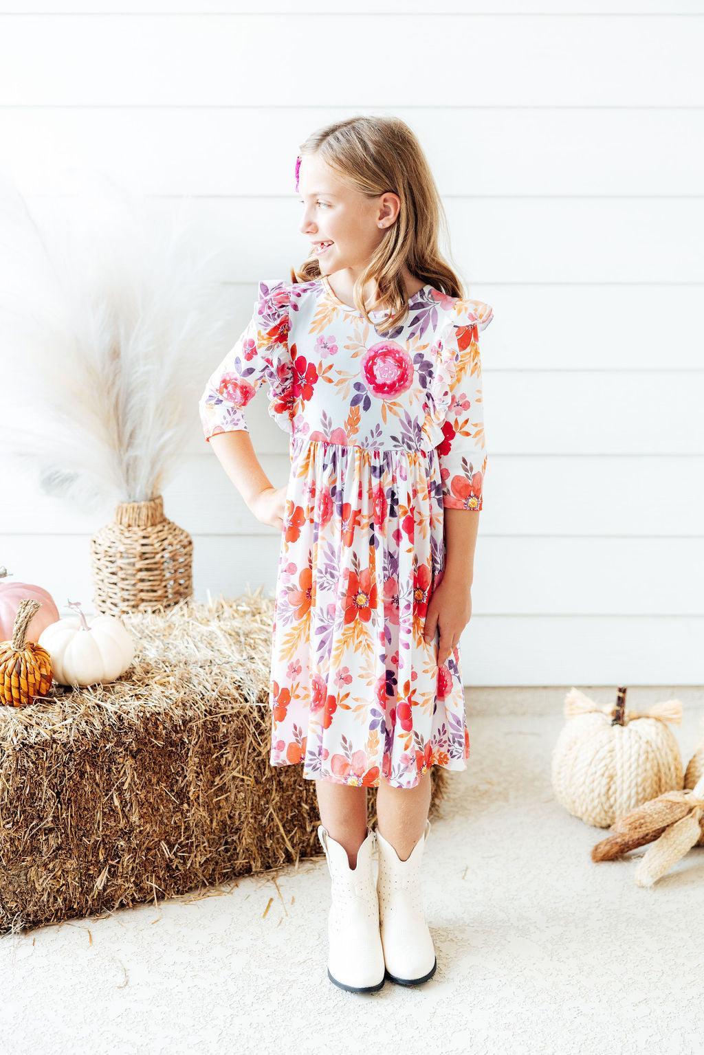 Tangerine Leaves Ruffle Twirl Dress