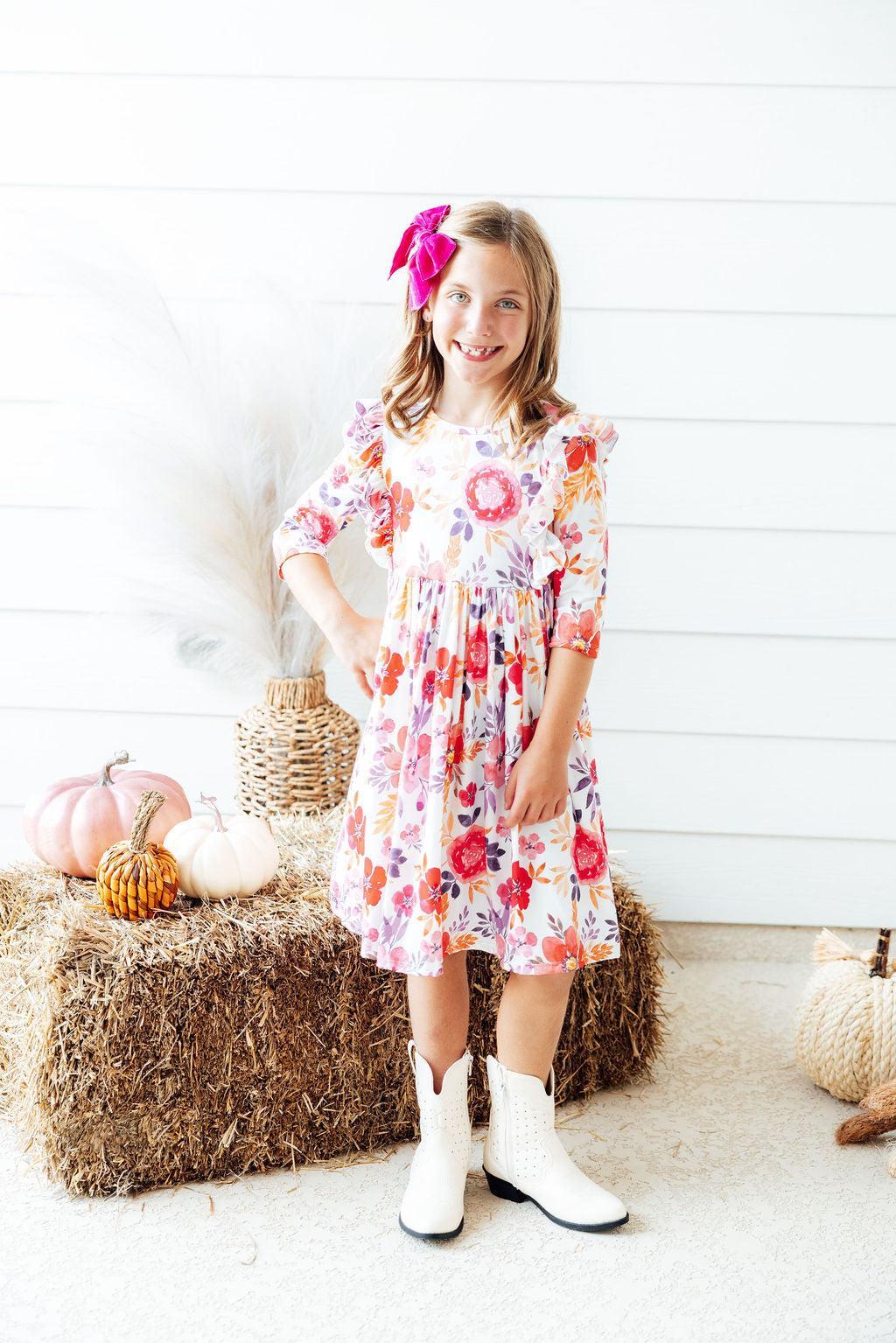Tangerine Leaves Ruffle Twirl Dress
