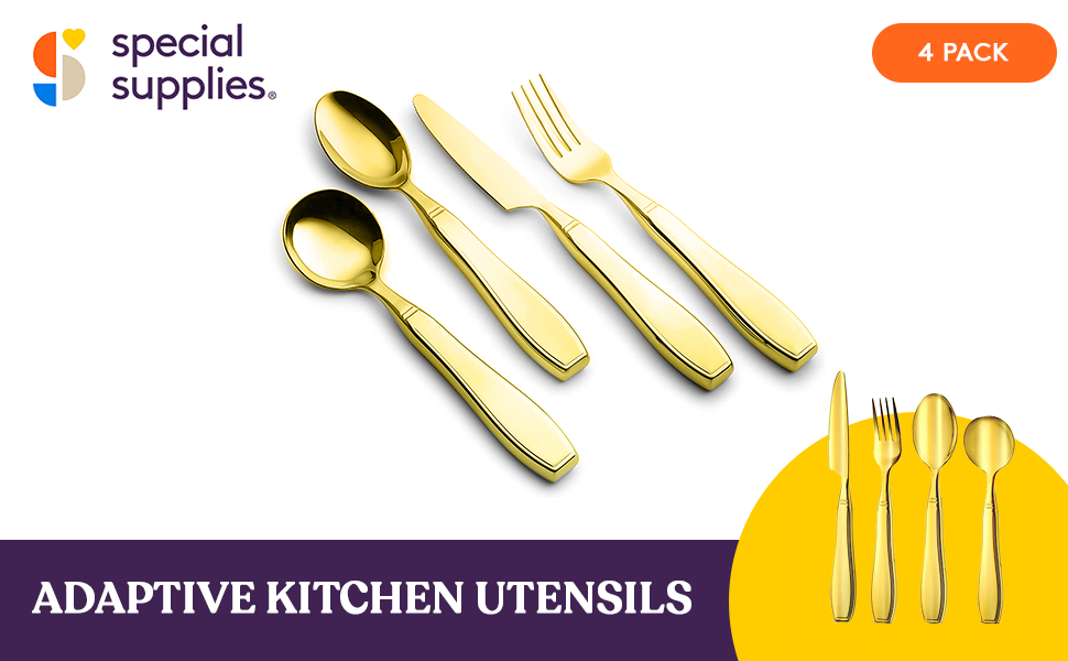 Special Supplies Adaptive Utensils (4-Piece Premium Stainless Steel) Wide, 7oz. Each Heavy Weighted, Non-Slip Handles for Hand Tremors, Arthritis, Parkinson's or Elderly Use, Knife, Fork, Spoons - Gold