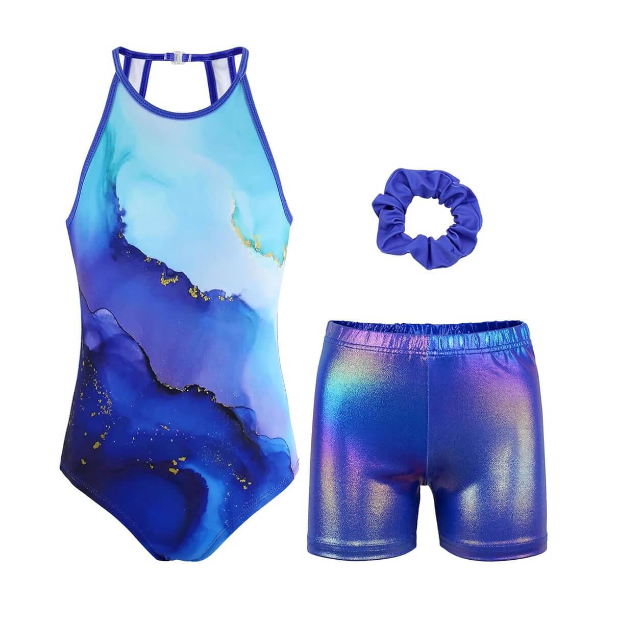 Turquoise Marble Open Back Gymnastics Leotard Outfit Set