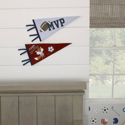 Team All Star Grey, Burgundy, Light Blue and Navy Fox and Football MVP Sporty 2 Pack Felt Pennants Wall Decor