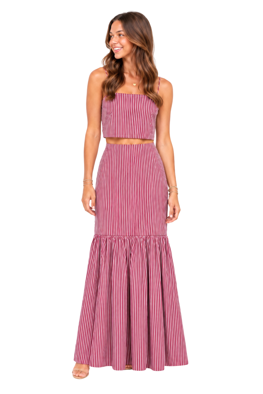 Women's Maroon and White Striped Maxi Skirt Set