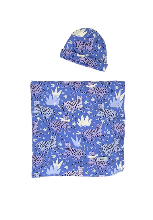 "Cat's Pajamas" Swaddle and Beanie Bundle - Blue