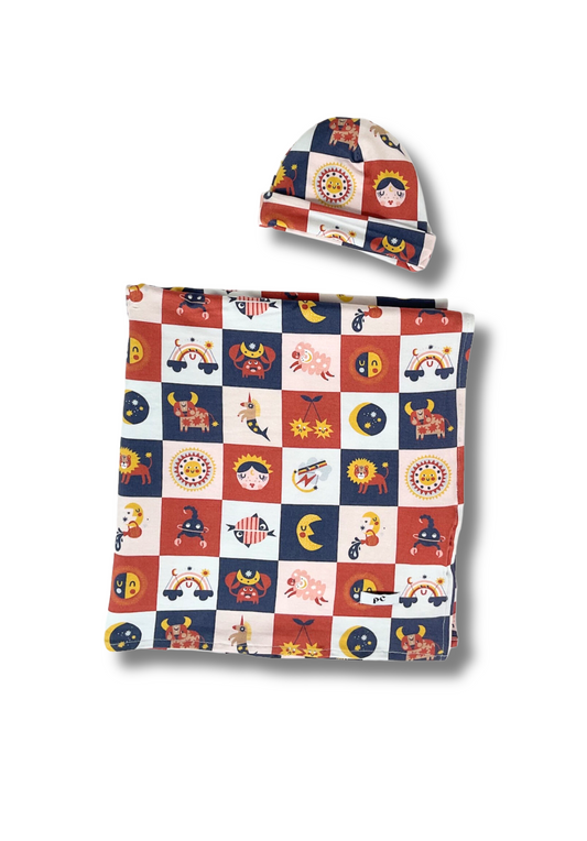 "Baby, You're a Star" Swaddle and Beanie Bundle - Block Multi
