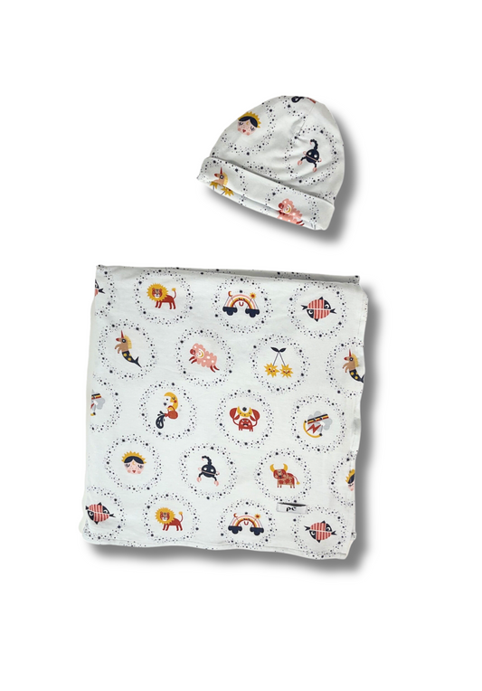 "Baby, You're a Star" Swaddle and Beanie Bundle - Ice