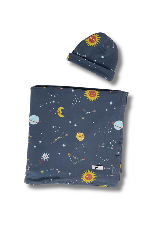 "Baby, You're a Star" Swaddle and Beanie Bundle - Navy
