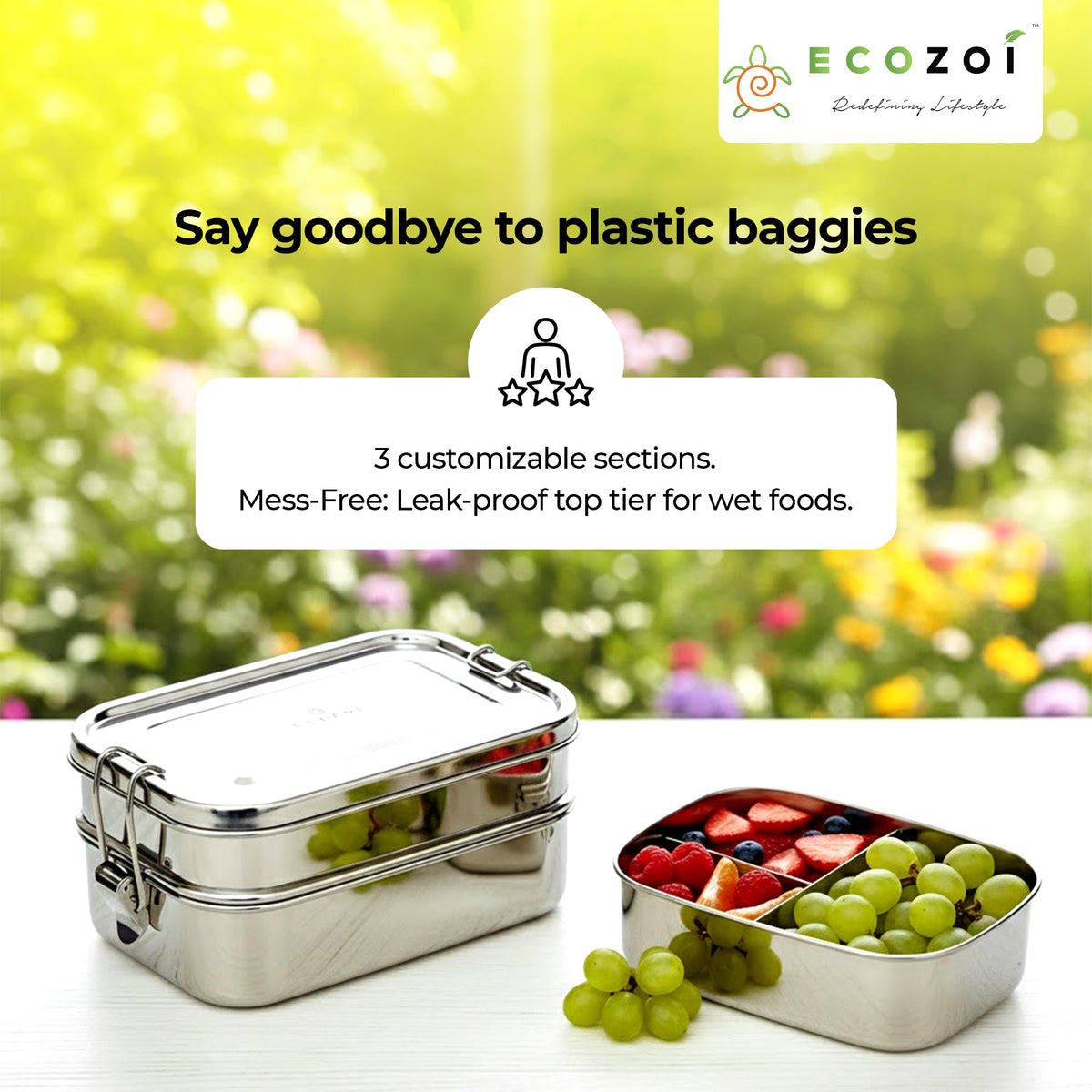 Ecozoi Stainless Steel Bento Lunch Box for Kids and Adults, 3 Compartment, Solid Print, 2 Tier Leak Proof, 60 oz
