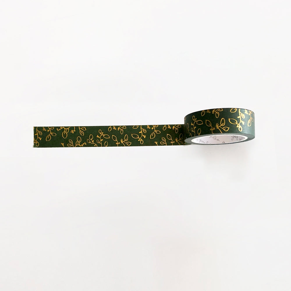 Forest Green Gold Foil Floral Washi Tape