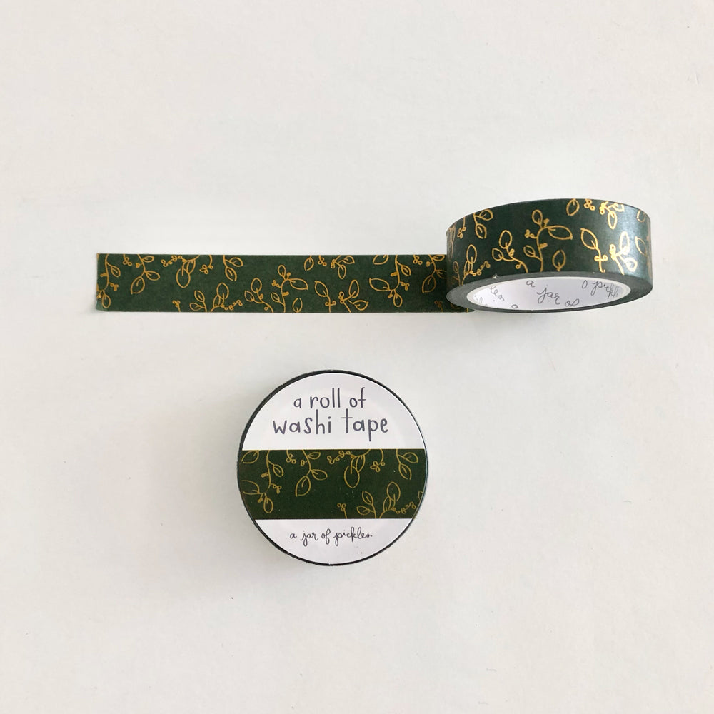 Forest Green Gold Foil Floral Washi Tape