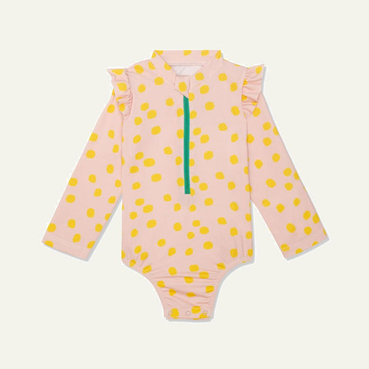 Recycled Polyester Sepia Dotted Zipped Kid Rashguard - Sepia/cyber Yellow