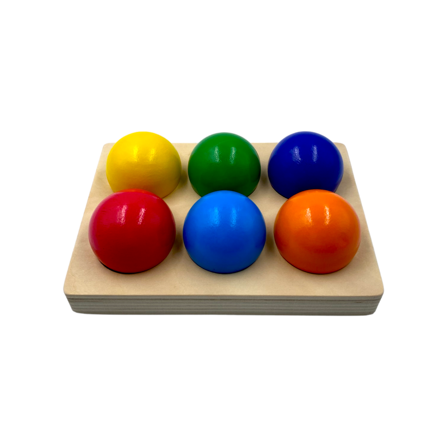 6-Piece Rainbow Wooden Balls with Sorting Tray – Primary Colors | 1.8" Diameter