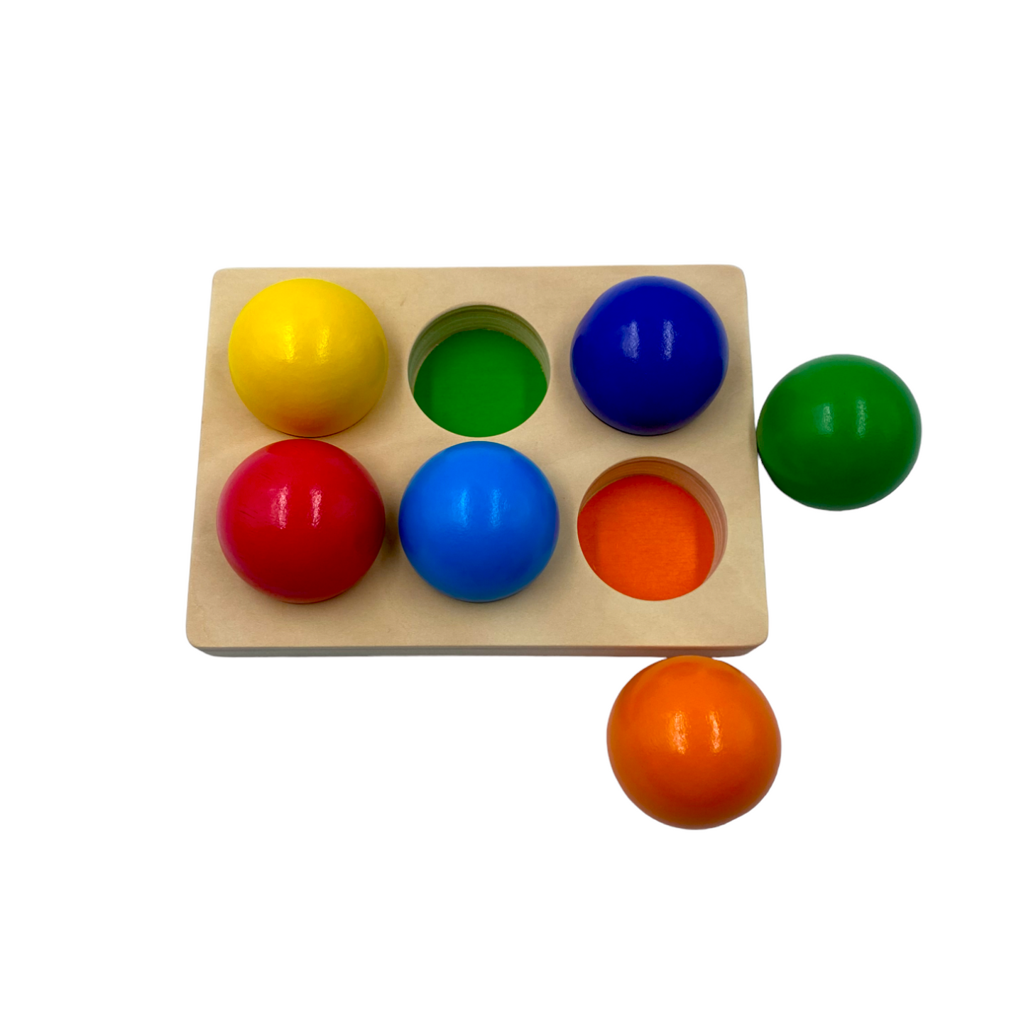 6-Piece Rainbow Wooden Balls with Sorting Tray – Primary Colors | 1.8" Diameter