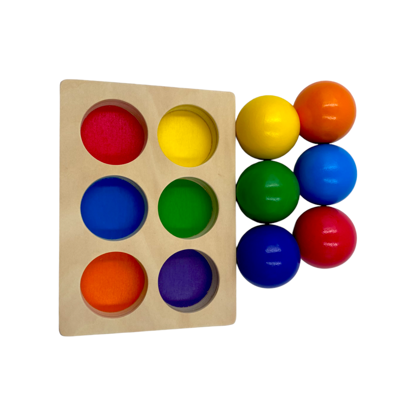 6-Piece Rainbow Wooden Balls with Sorting Tray – Primary Colors | 1.8" Diameter