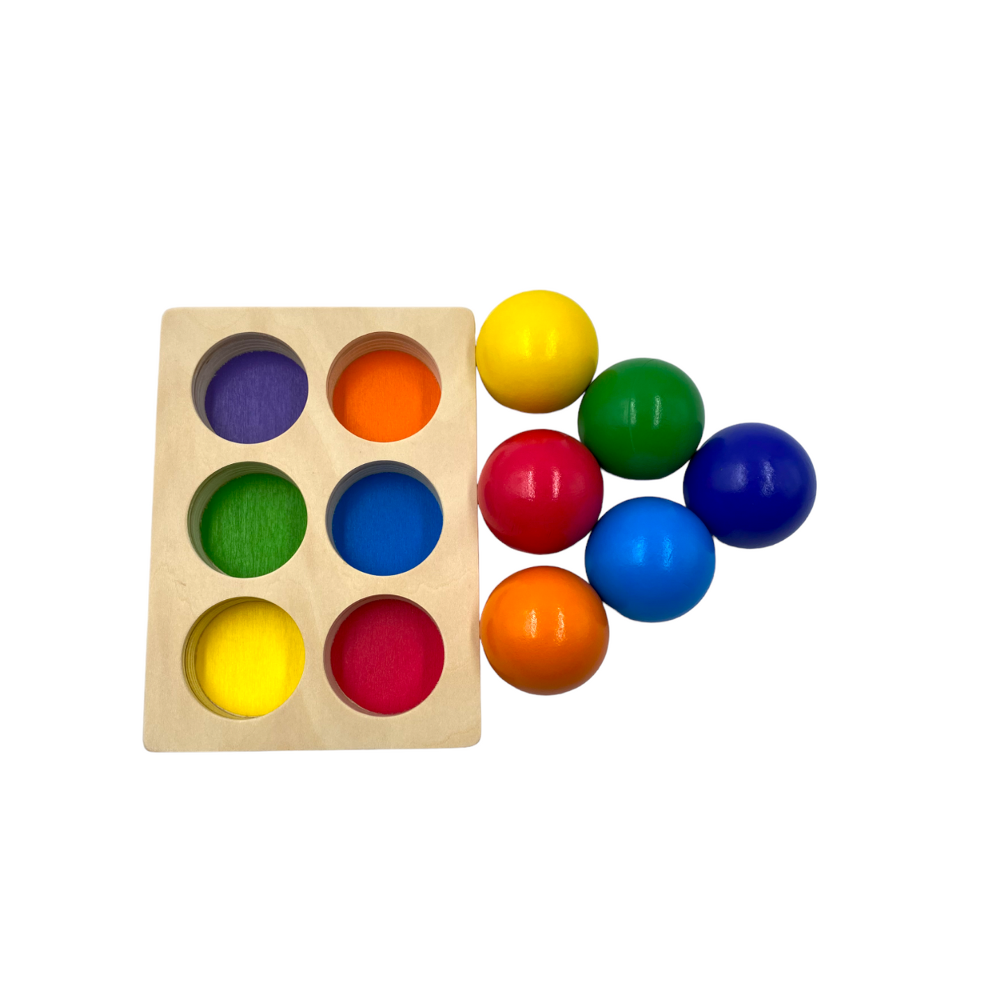 6-Piece Rainbow Wooden Balls with Sorting Tray – Primary Colors | 1.8" Diameter