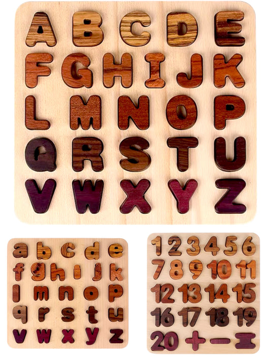 Natural Wooden Alphabet & Numbers Puzzle – Uppercase, Lowercase & Math Options