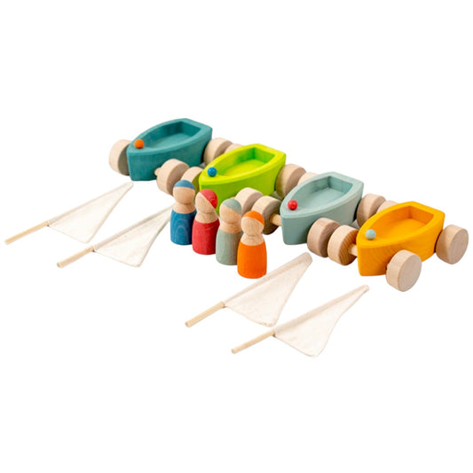 4 Pcs STAINED Wooden Land Yachts Set with 4 Peg Dolls