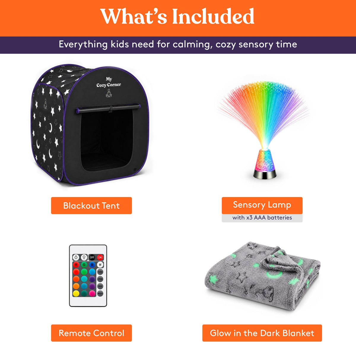 Blackout Sensory Tent for Kids, Pop Up Calming Play Room with Fiber Optic Lamp and Glow-in-The-Dark Fuzzy Blanket