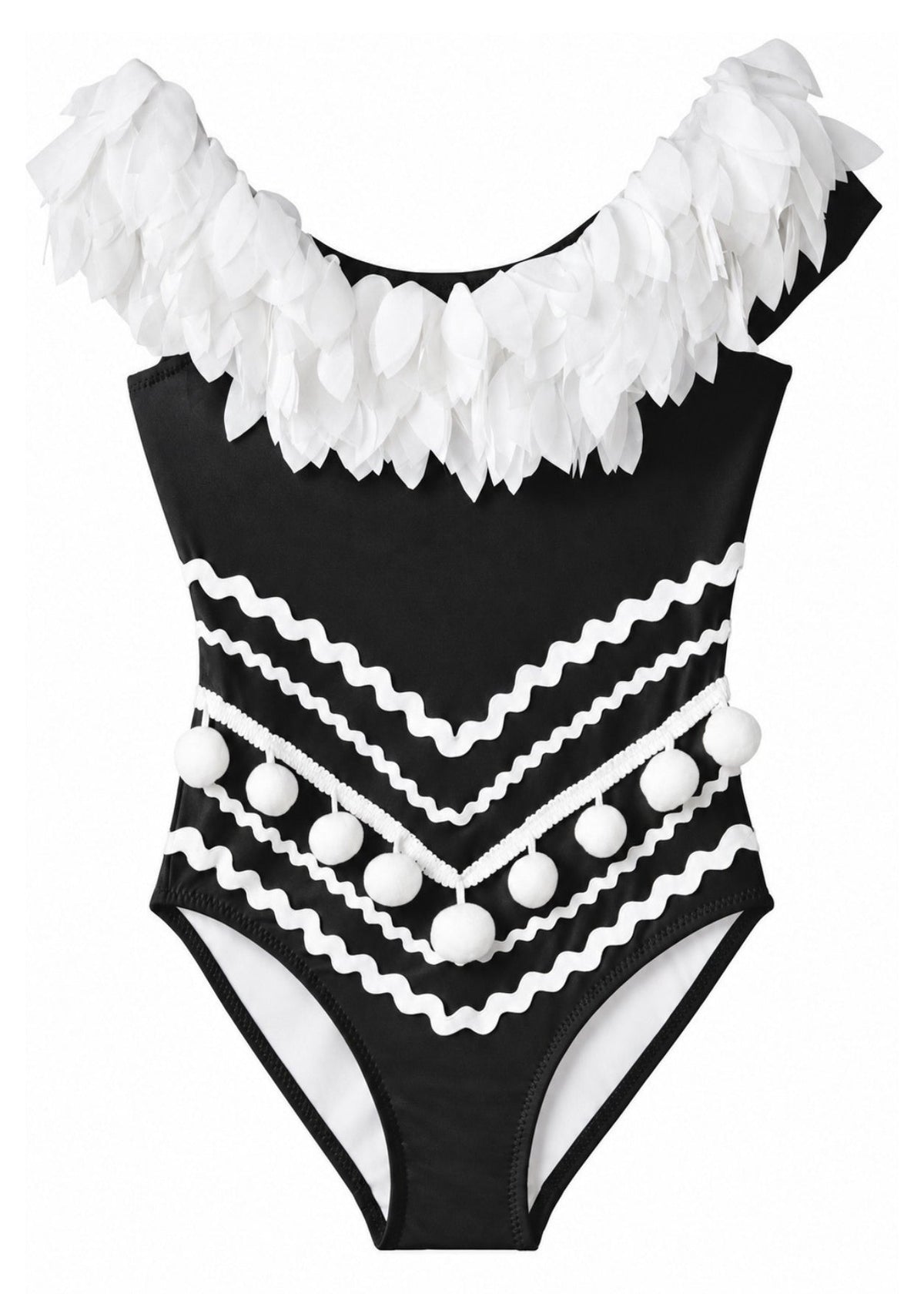 Black Swimsuit with Petals & Pom Poms