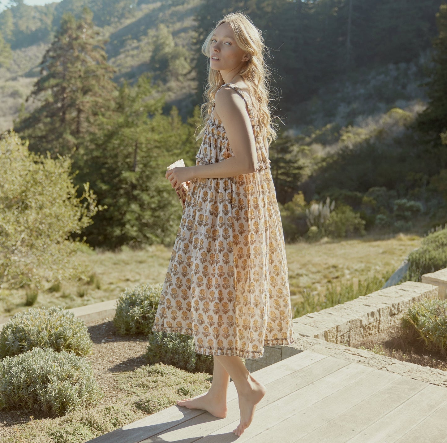 Gwen Ruffled Midi Nightgown - Ochre/Dahlia