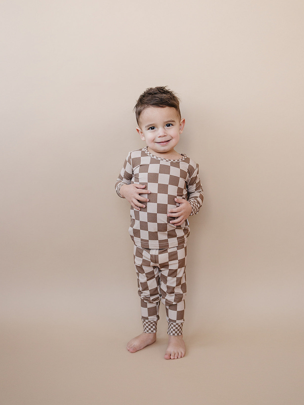 Ribbed Bamboo Two Piece Set | Latte Checkered