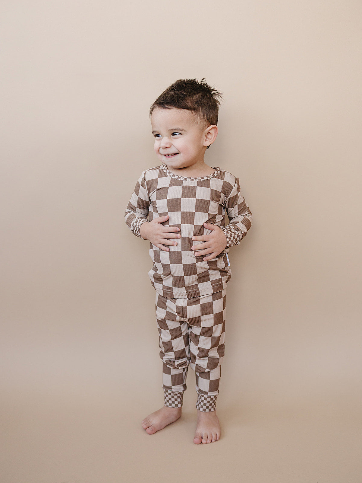 Ribbed Bamboo Two Piece Set | Latte Checkered