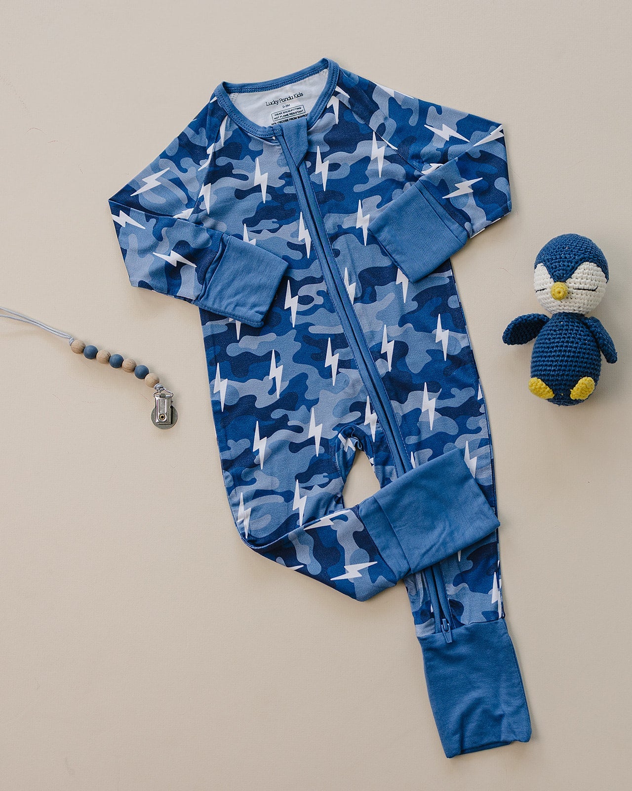 Bamboo Zip Romper | Blue Camo Bolts