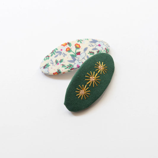 Oval Embroidered Floral Snap Hair Clips | Green