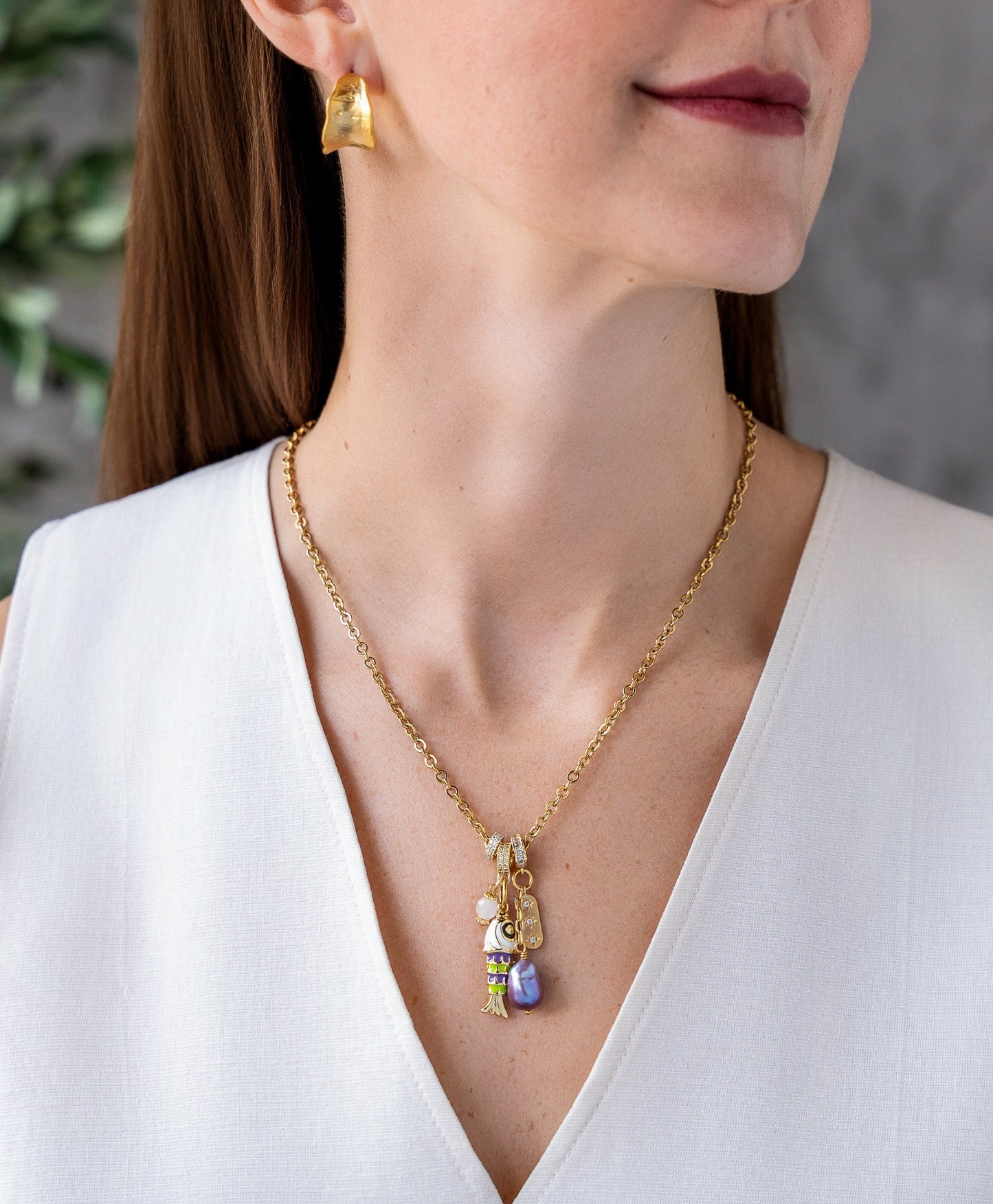 Fish and Pearl Charm Necklace