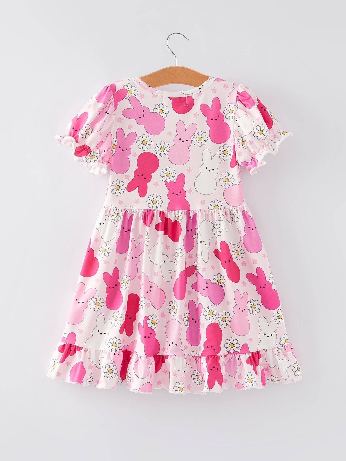 Pink Easter Rabbit Ruffles Puff Sleeves Dress