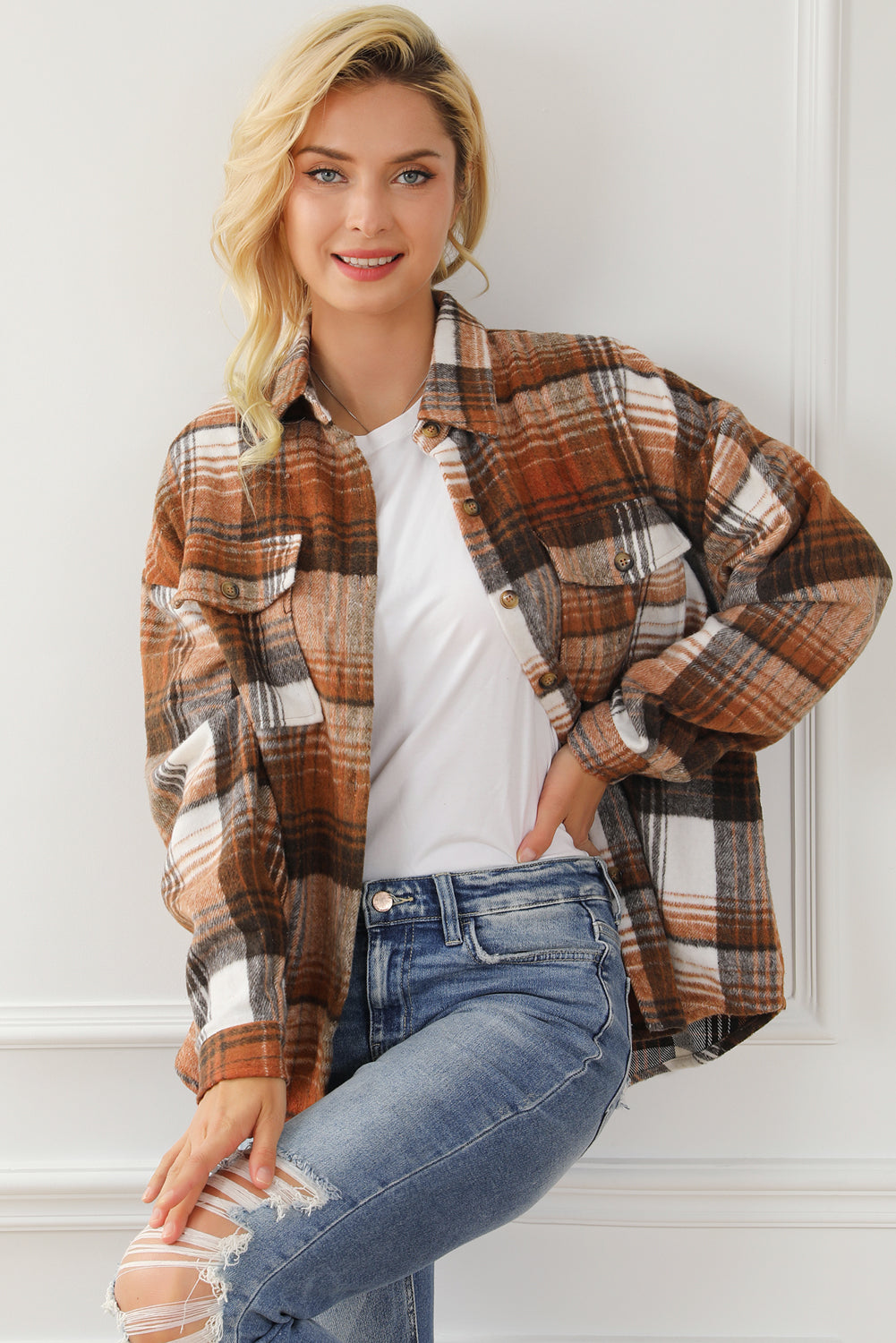 Plaid Flap Chest Pockets Shacket