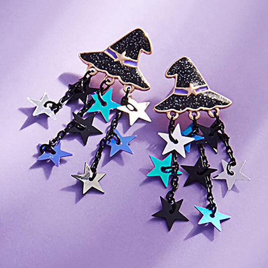 Enamel Witch Hat Star Tassel Earrings