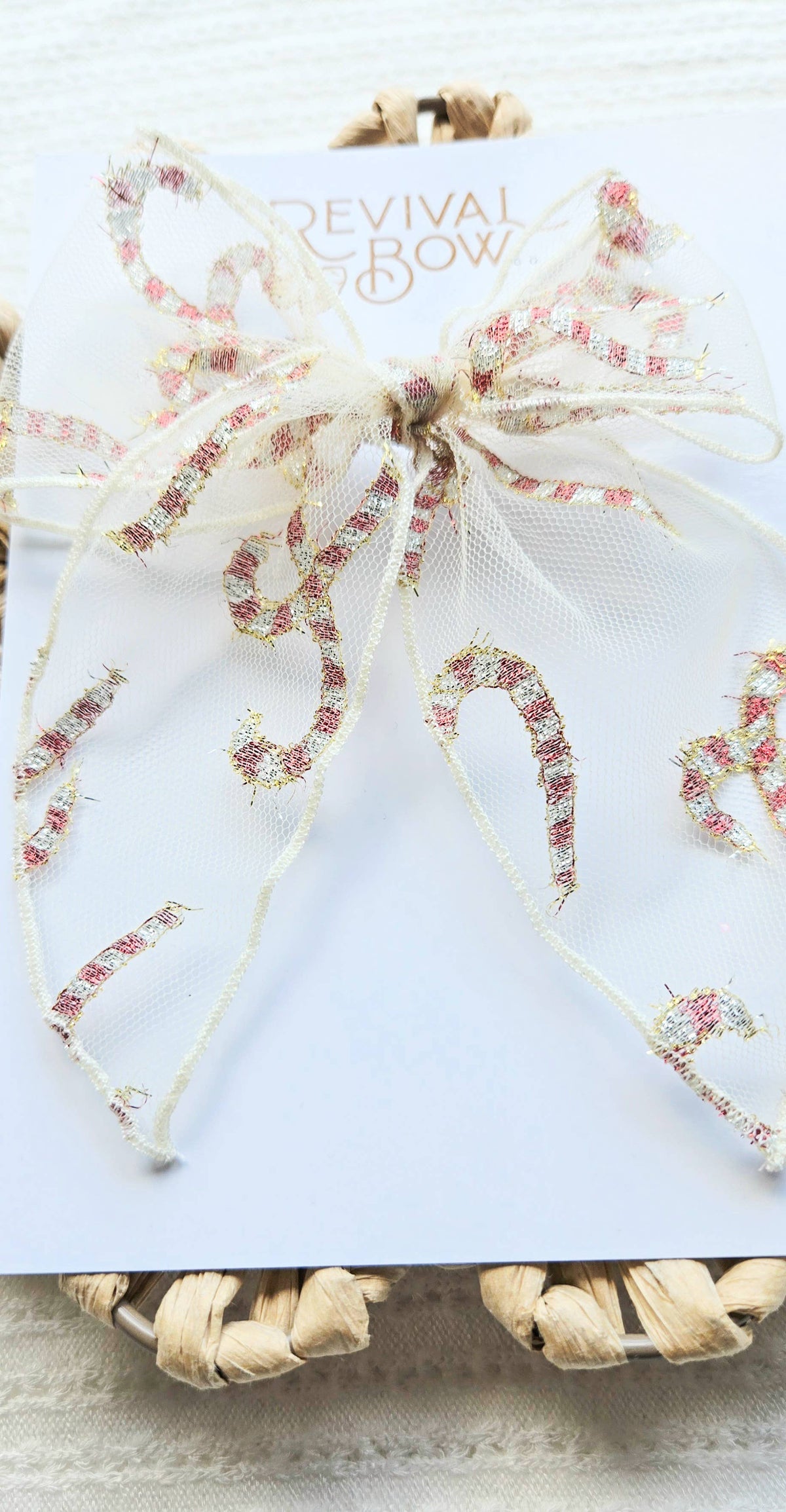 Large Fable Bow on Clip •  Sheer Candy Cane
