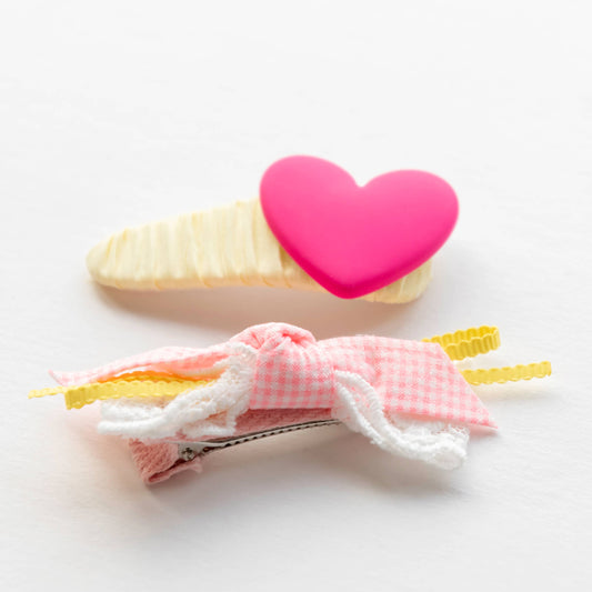 Heart and Ribbon Hair Clips | Pink & Yellow
