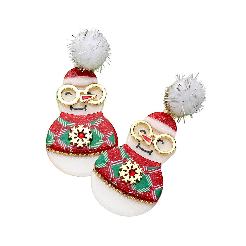 Pom Pom Resin Christmas Snowman Dangle Earrings